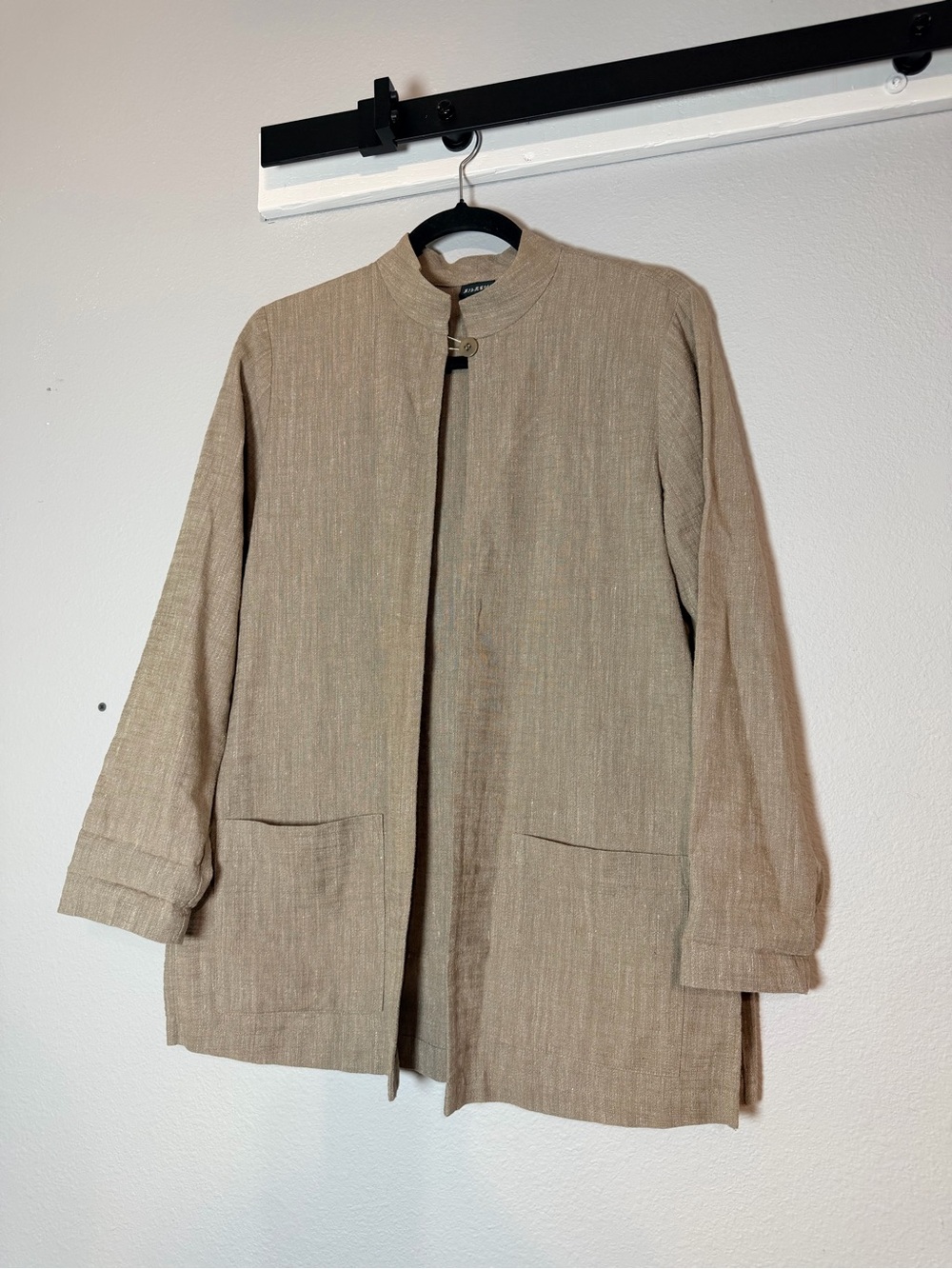 Vintage Eileen Fisher Open Front Jacket Button Closure Cotton Linen Blend Taupe - Picture 2 of 13